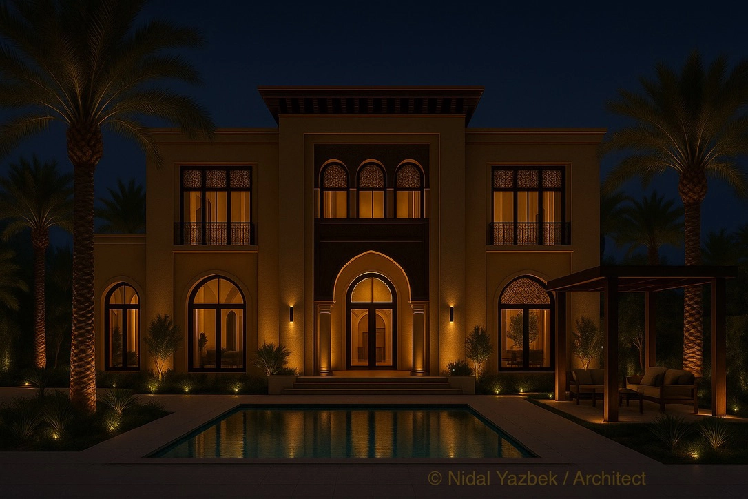 Luxury villa rendering with traditional arches, palm trees, pool reflection, and dramatic night lighting