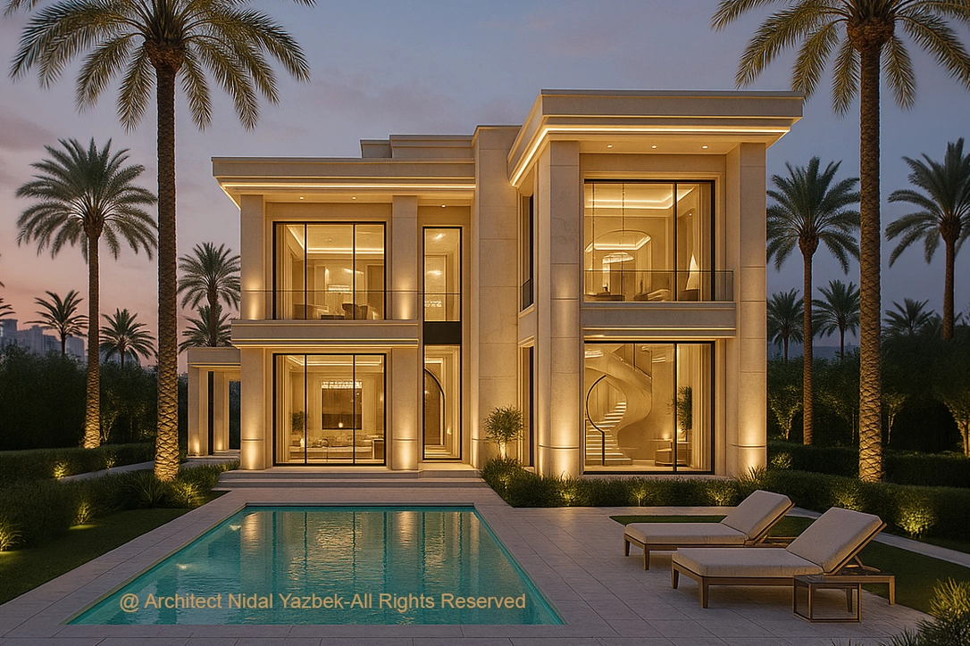 Contemporary luxury villa rendering with illuminated façade, large glass windows, palm trees, swimming pool, and outdoor lounge area