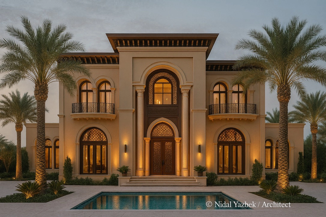 Elegant classic villa rendering with arched entrance, detailed windows, palm trees, warm lighting, and pool view