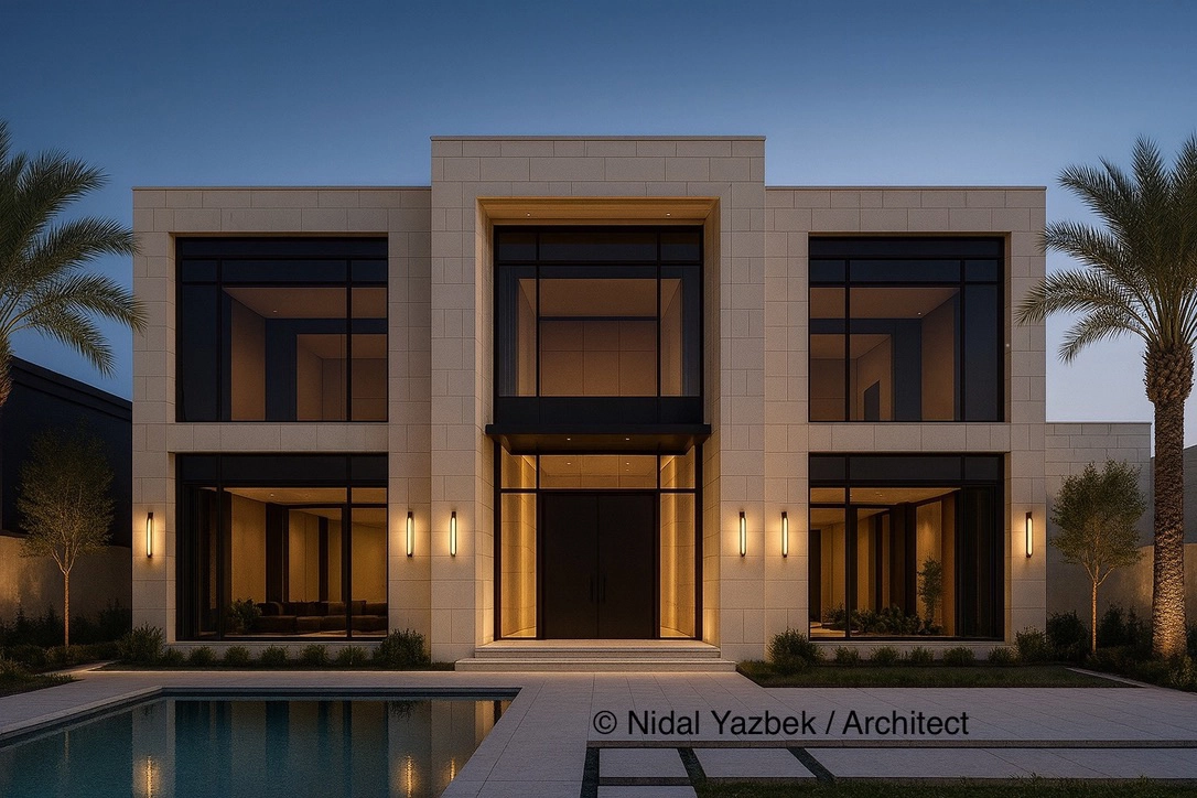 Modern luxury villa rendering with bold entrance, symmetrical façade, palm landscaping, pool reflection, and evening lighting