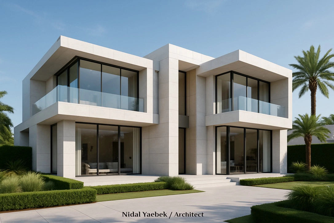 Minimal white modern villa rendering with large glass windows, clean geometry, palm landscaping, and contemporary garden setting