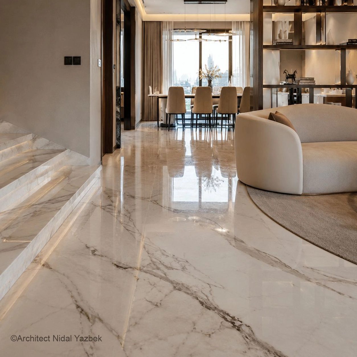 X4 Design and Build luxury marble flooring project, polished marble floor, villa interior, marble stairs, natural stone finish, clean joints, premium fit-out details