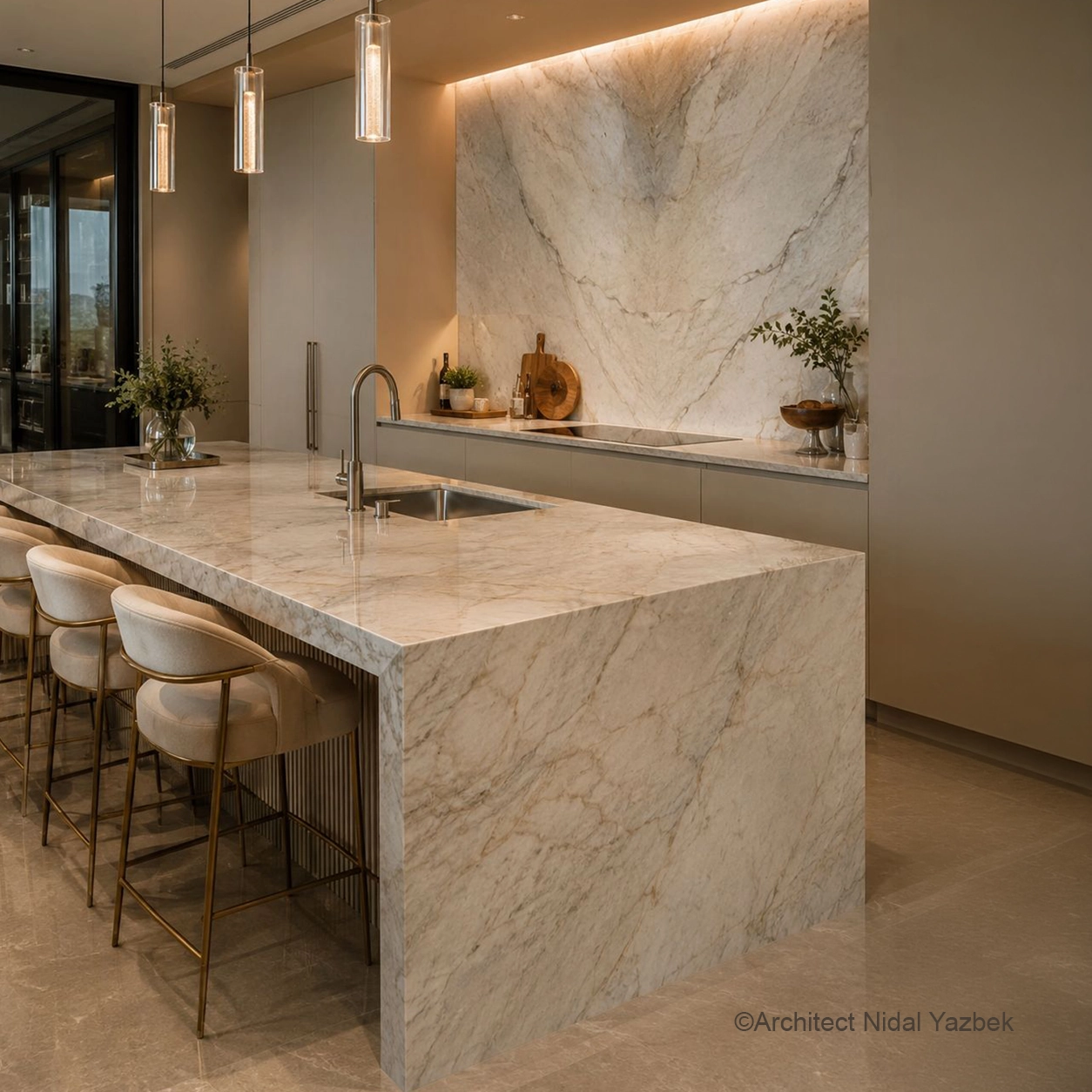 X4 Design and Build marble kitchen countertop, marble island, marble backsplash, luxury wood cabinets, warm lighting, premium kitchen fit-out, natural stone work