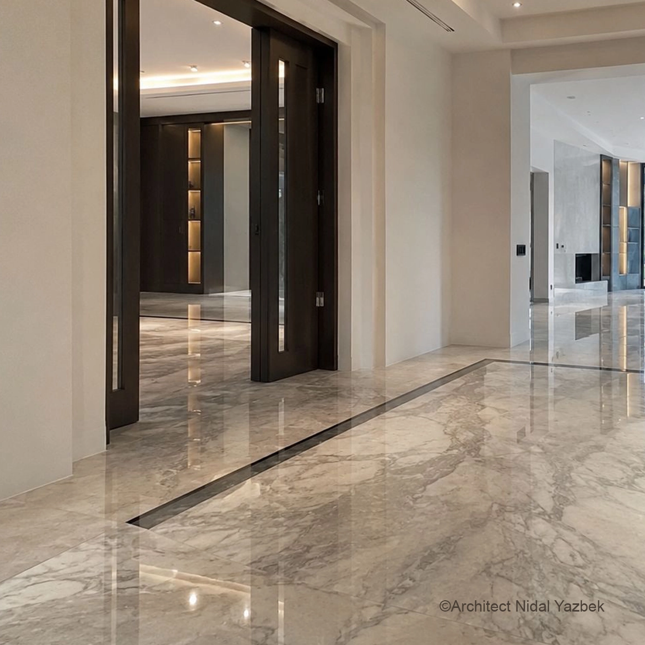 X4 Design and Build marble floor detail, villa interior flooring, polished marble, black border strip, clean threshold detail, luxury fit-out finishing
