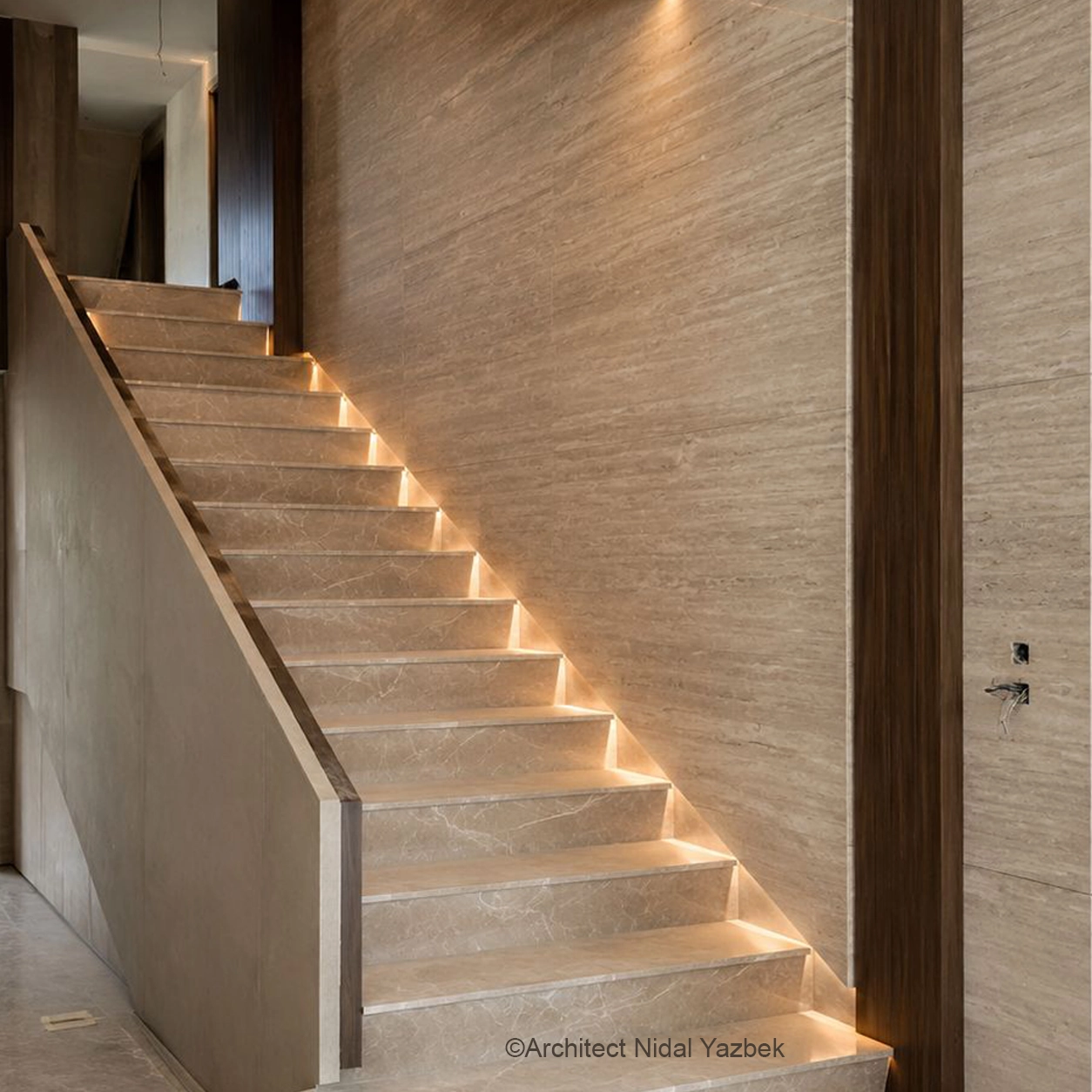 X4 Design and Build marble staircase cladding, luxury villa stairs, natural stone steps, warm step lighting, wood wall panels, marble finishing details
