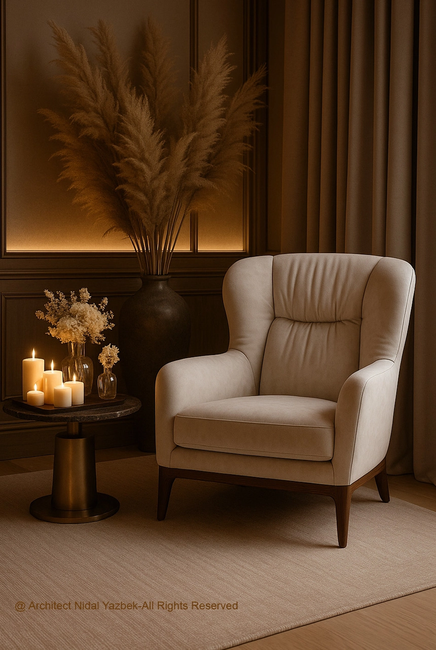 luxury interior corner 3D rendering, elegant armchair, decorative lighting, pampas arrangement, warm mood, contemporary styling, high-end residential visualization