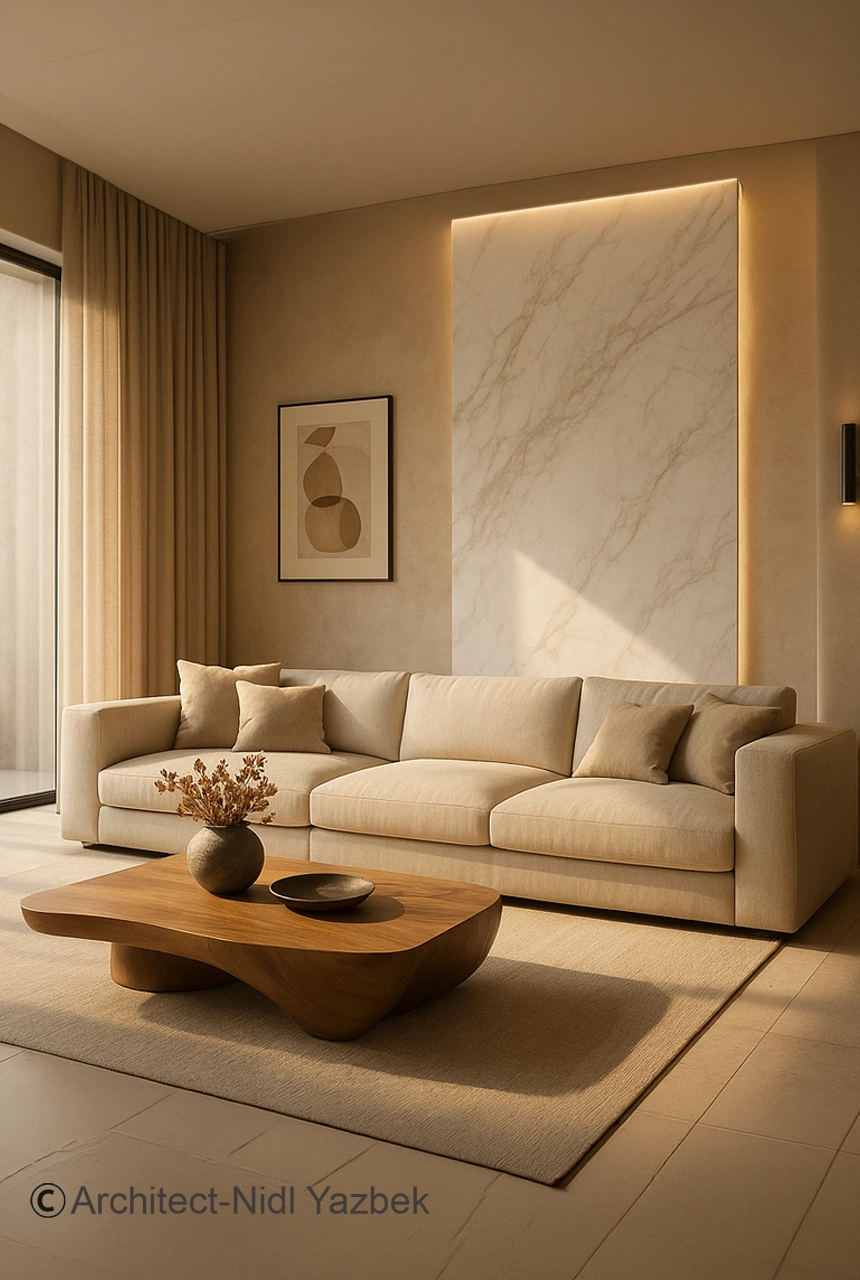 luxury lounge 3D rendering, beige sofa, marble feature wall, warm lighting, modern coffee table, elegant living room, contemporary interior visualization