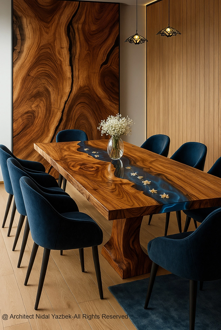 luxury dining room 3D rendering, statement wood dining table, blue chairs, feature wall, modern pendant lights, premium interior design, elegant dining visualization
