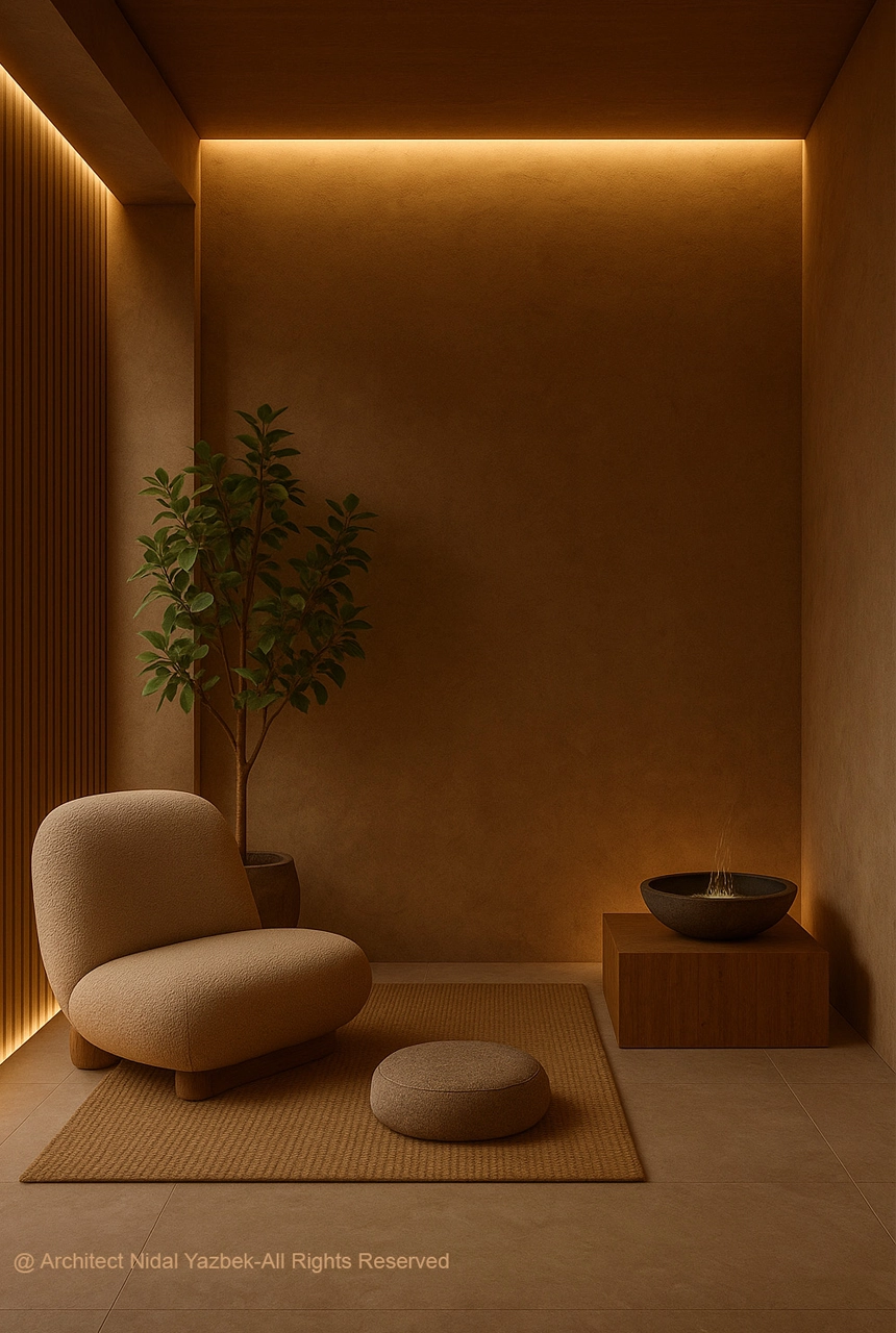 luxury relaxation corner 3D rendering, minimalist lounge chair, soft ambient lighting, modern wall finish, calm interior mood, premium contemporary design
