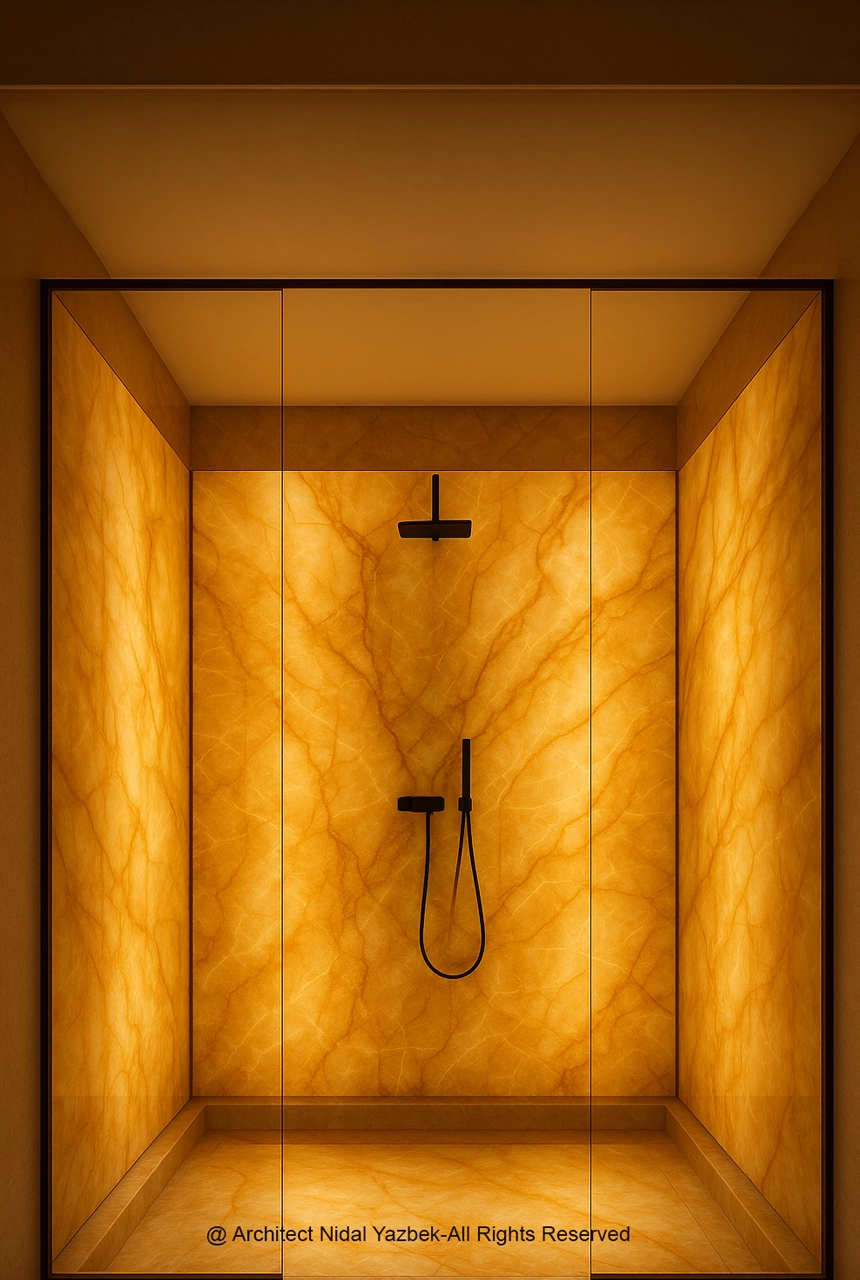 X4 Design and Build luxury shower rendering golden onyx walls, warm backlit stone, rain shower, black sanitary fittings, spa bathroom, 3D visualization