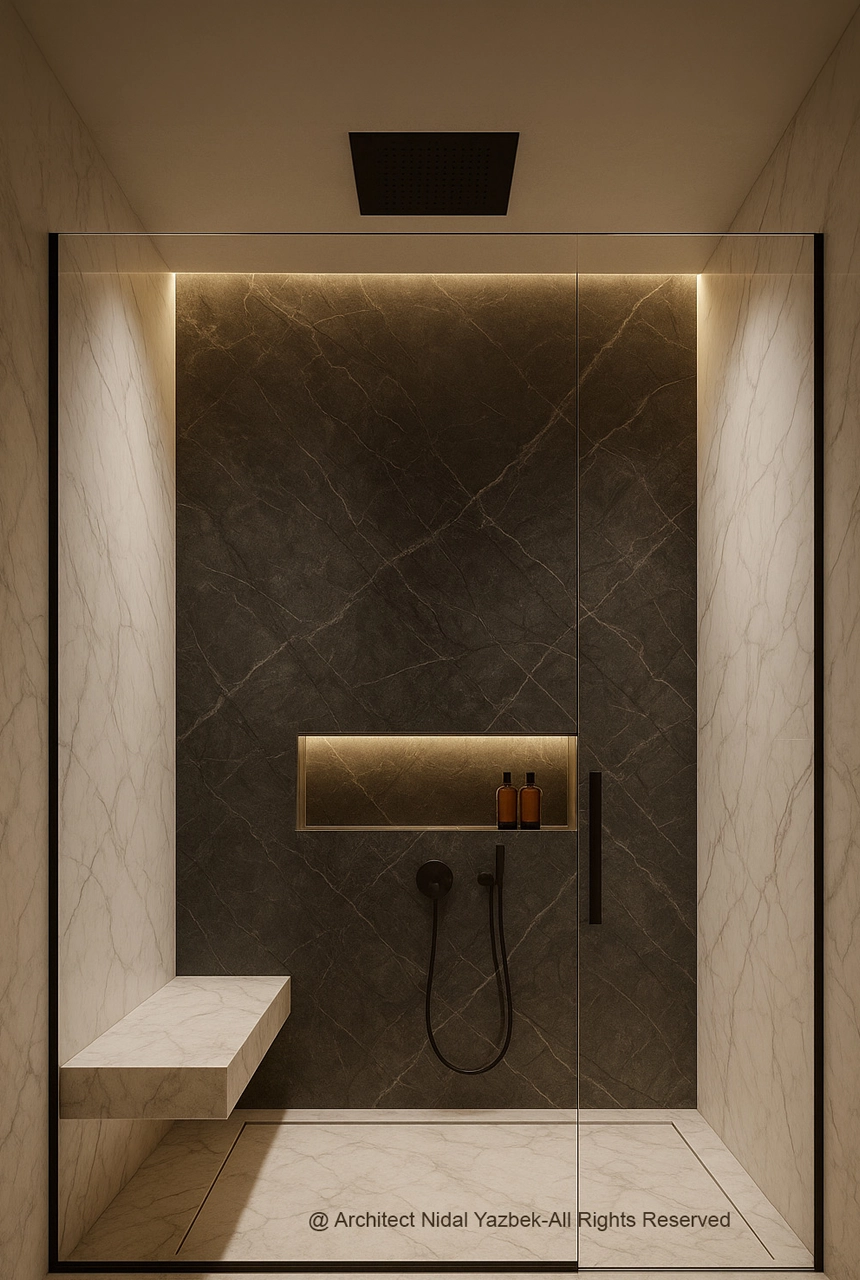 X4 Design and Build luxury shower rendering marble walls, recessed niche lighting, shower bench, black mixer, rain shower, modern bathroom design, realistic 3D render