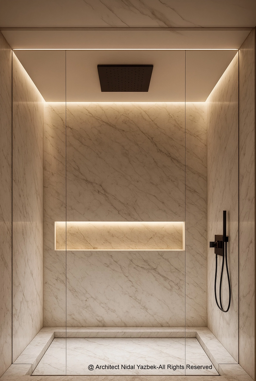 X4 Design and Build luxury shower rendering white marble shower, linear ceiling lighting, recessed shelf, black shower fittings, bathroom bench, modern spa interior