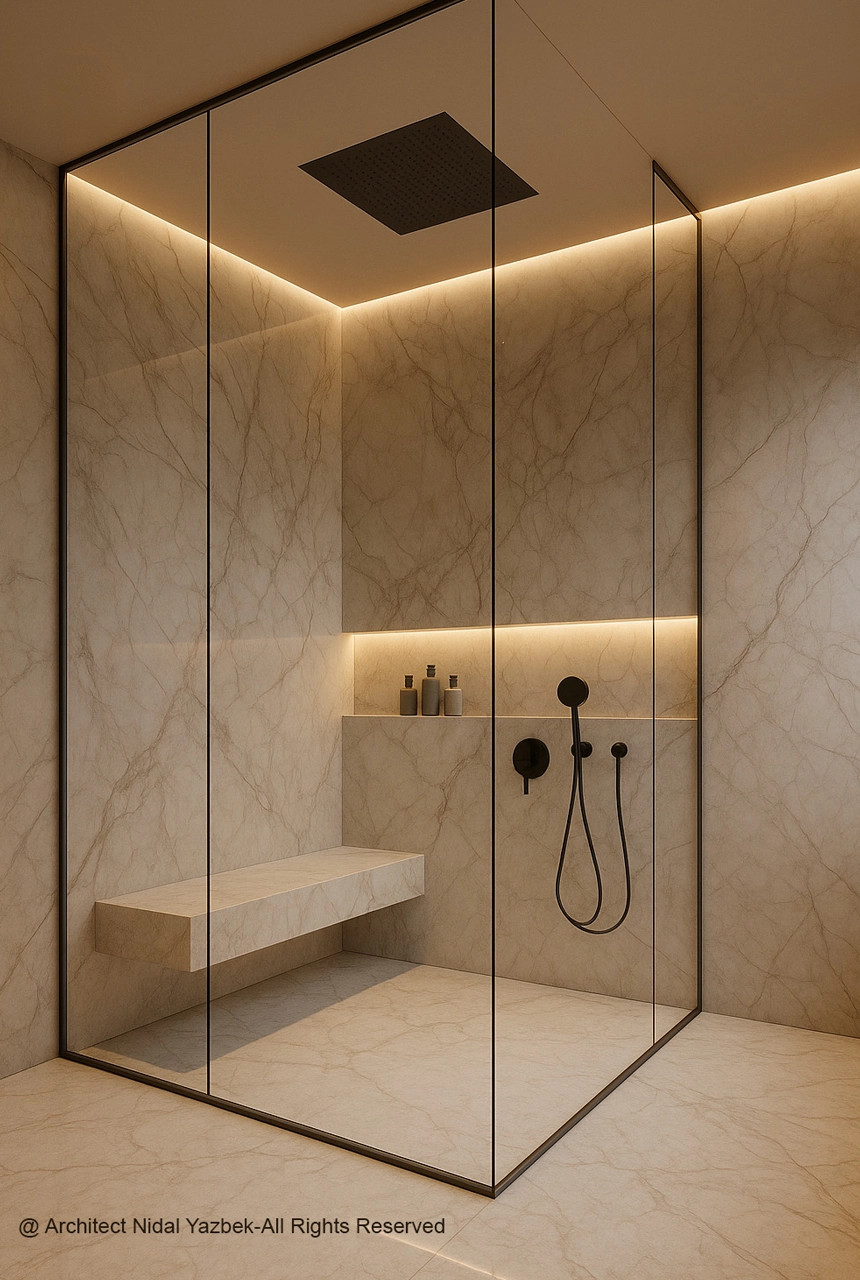 X4 Design and Build luxury shower rendering glass shower enclosure, marble walls, concealed LED lighting, bench seat, black rain shower, modern bathroom visualization