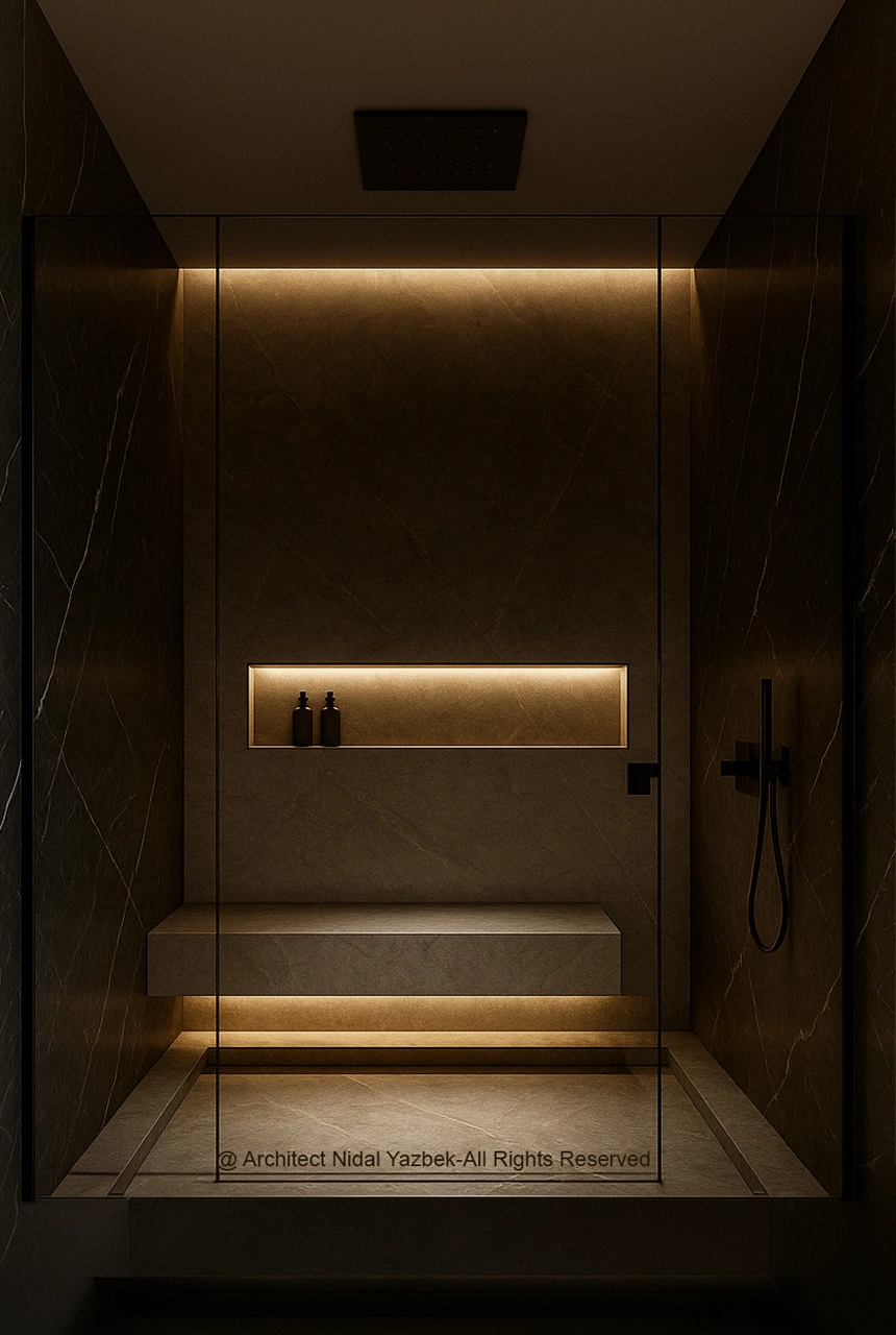 X4 Design and Build luxury shower rendering dark stone bathroom, warm LED niche, shower bench, black rain shower, moody spa interior, 3D visualization