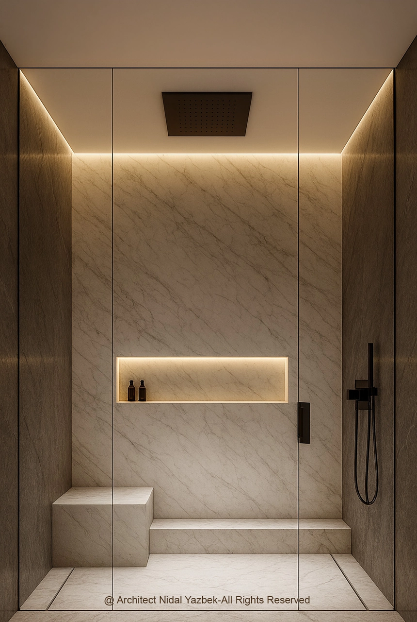 X4 Design and Build luxury shower rendering white marble walls, recessed illuminated niche, shower bench, black fittings, rain shower, modern bathroom render