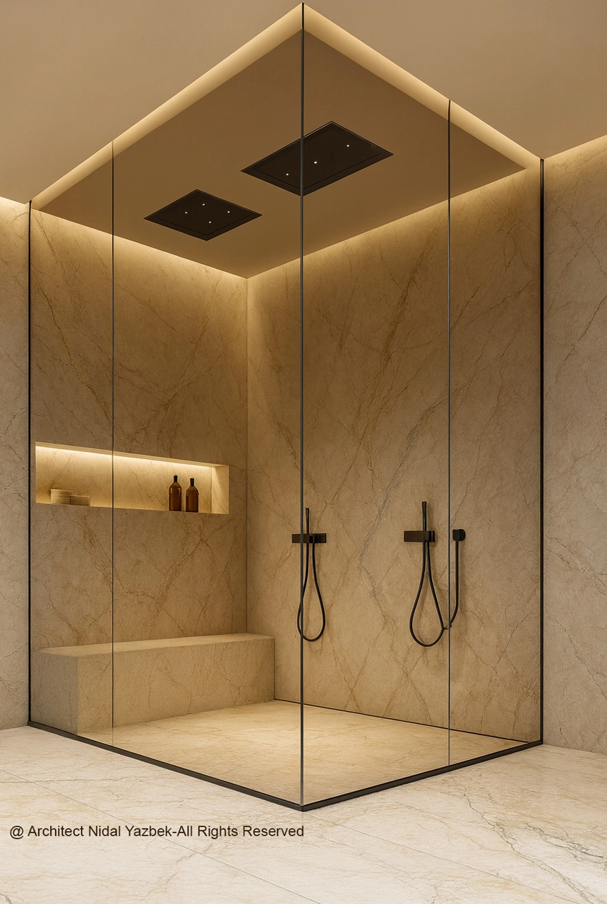 X4 Design and Build luxury shower rendering corner glass shower, double rain shower heads, marble walls, concealed cove lighting, modern spa bathroom visualization