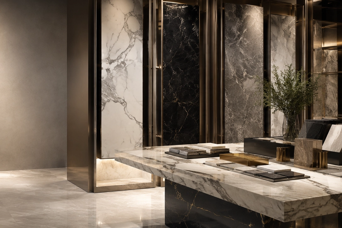 X4 Design and Build luxury material showroom concept with marble slabs, stone samples, wood finishes, and Dubai interior design details