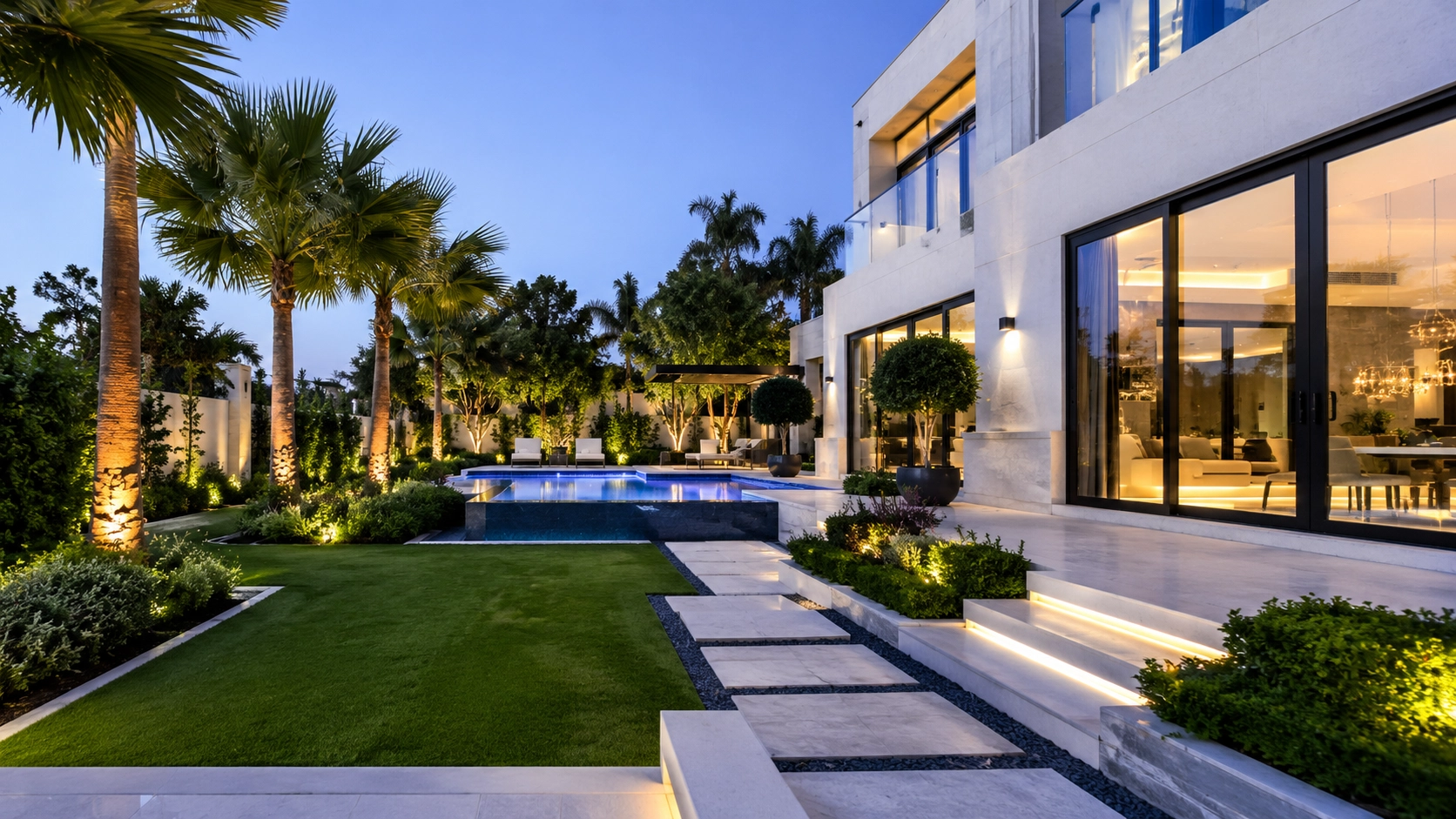 Luxury villa landscaping and outdoor living design by X4 Design and Build