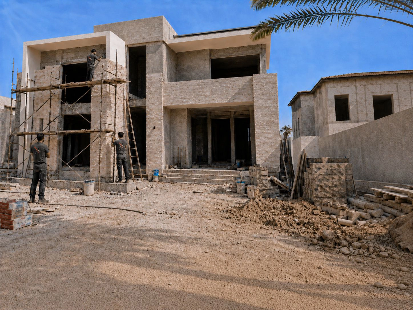 Exterior stone cladding installation for villa by X4 Design and Build