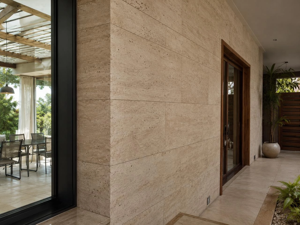 Luxury natural stone wall cladding detail by X4 Design and Build