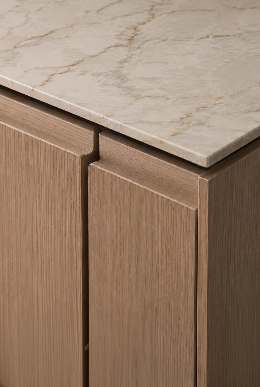 X4 Design and Build light oak cabinet detail with marble countertop, vertical wood grain, clean corner joint, and precise joinery finishing
