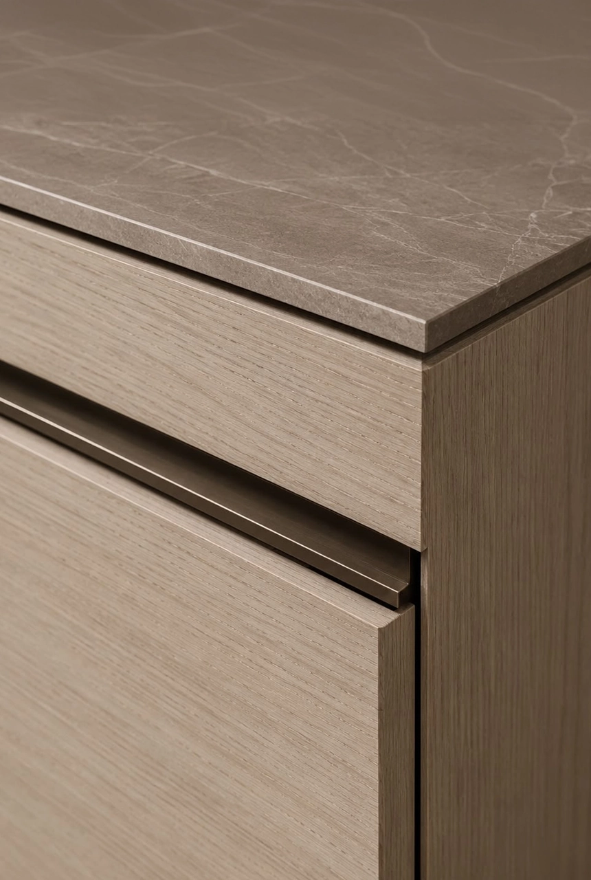 X4 Design and Build light wood drawer detail with stone countertop, recessed pull profile, smooth veneer finish, and refined cabinet craftsmanship