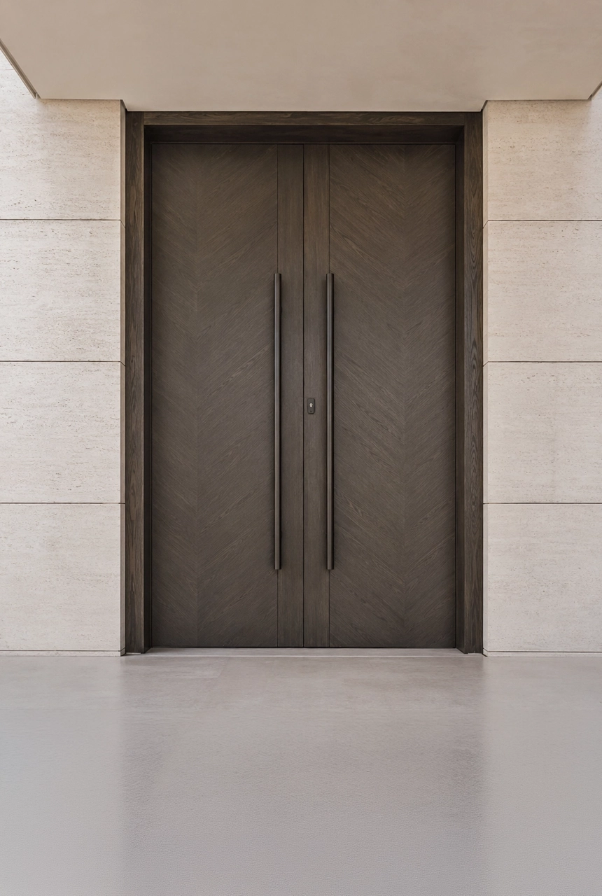 X4 Design and Build dark ash double entrance door with subtle herringbone wood grain, slim vertical handles, clean stone surround, and premium UAE villa style