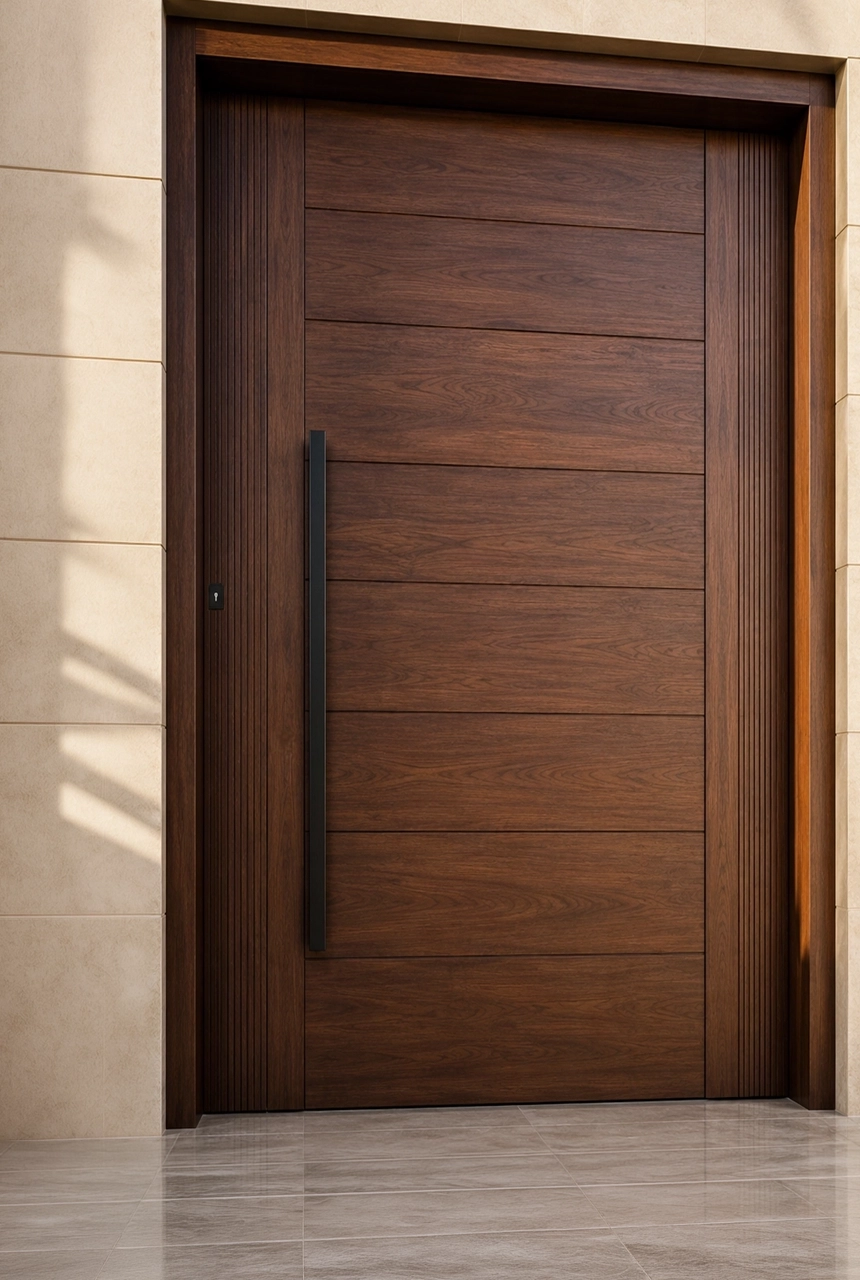 X4 Design and Build warm walnut-toned main villa door with horizontal wooden panels, black vertical handle, stone frame, and refined exterior woodwork detail