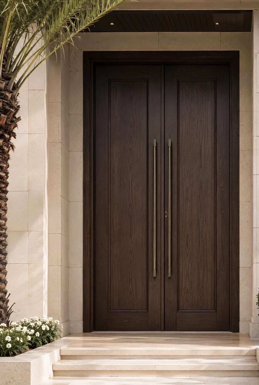 X4 Design and Build dark walnut-toned double villa door with framed wooden panels, long handles, beige stone entrance, and elegant luxury exterior detailing