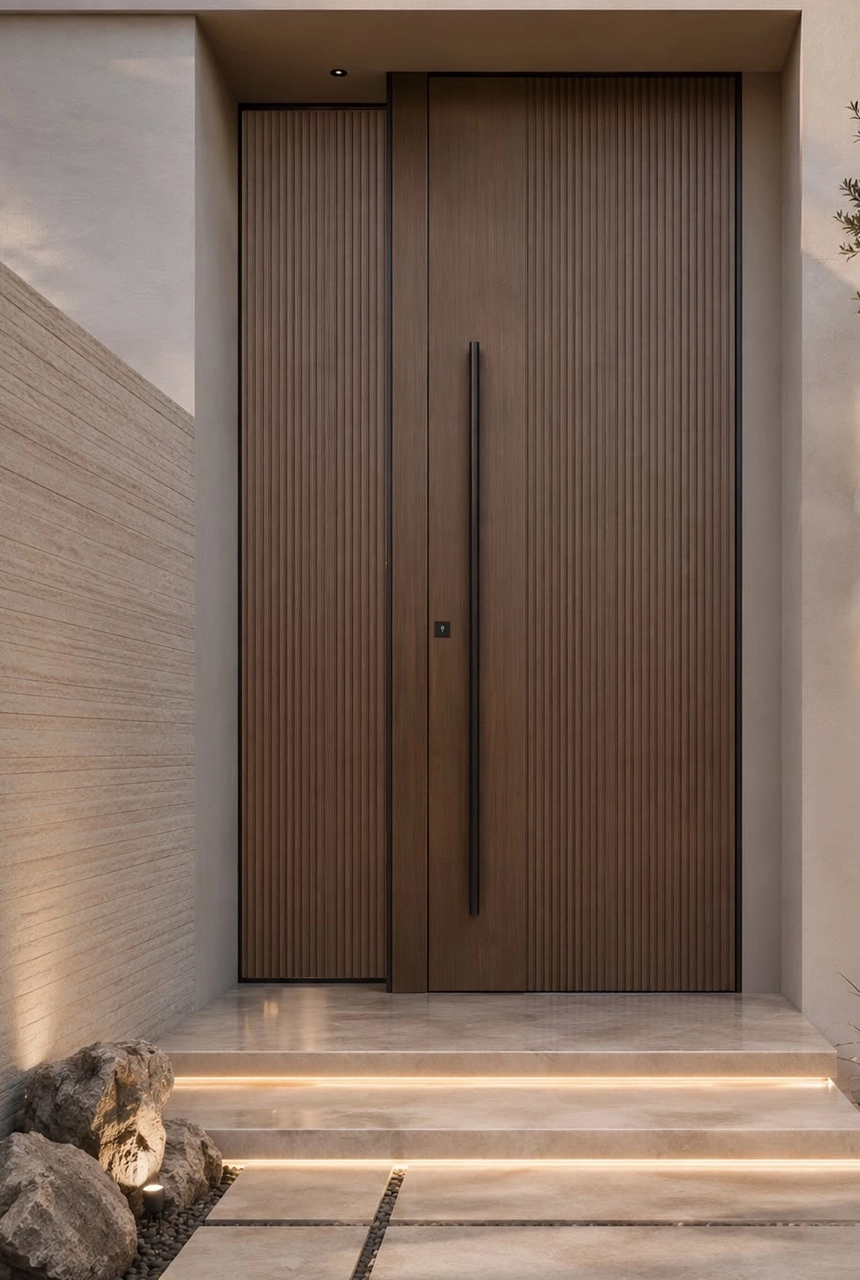 X4 Design and Build smoked ash-toned villa entrance door with fluted side panel, tall black handle, clean beige stone frame, and modern Dubai villa style