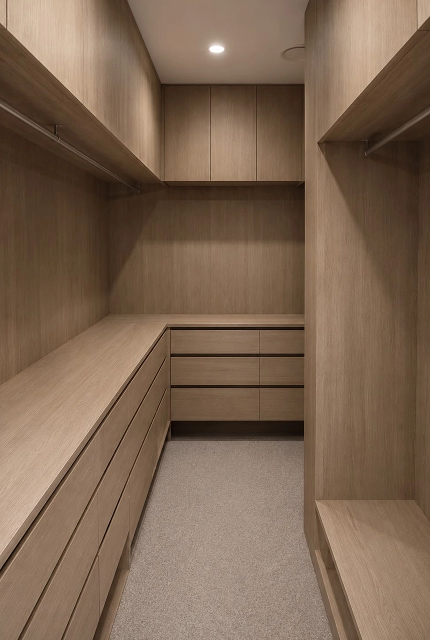 X4 Design and Build light wood dressing area with custom bench, drawer storage, full-height panels, and clean closet finishing