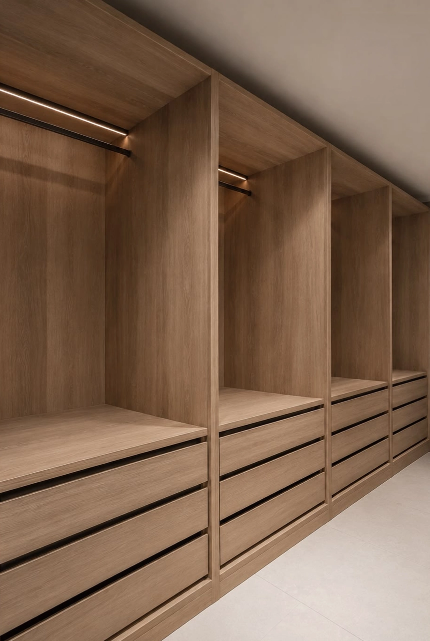 X4 Design and Build warm wood wardrobe joinery with full-height panels, drawer storage, clean vertical divisions, and luxury dressing room finishing